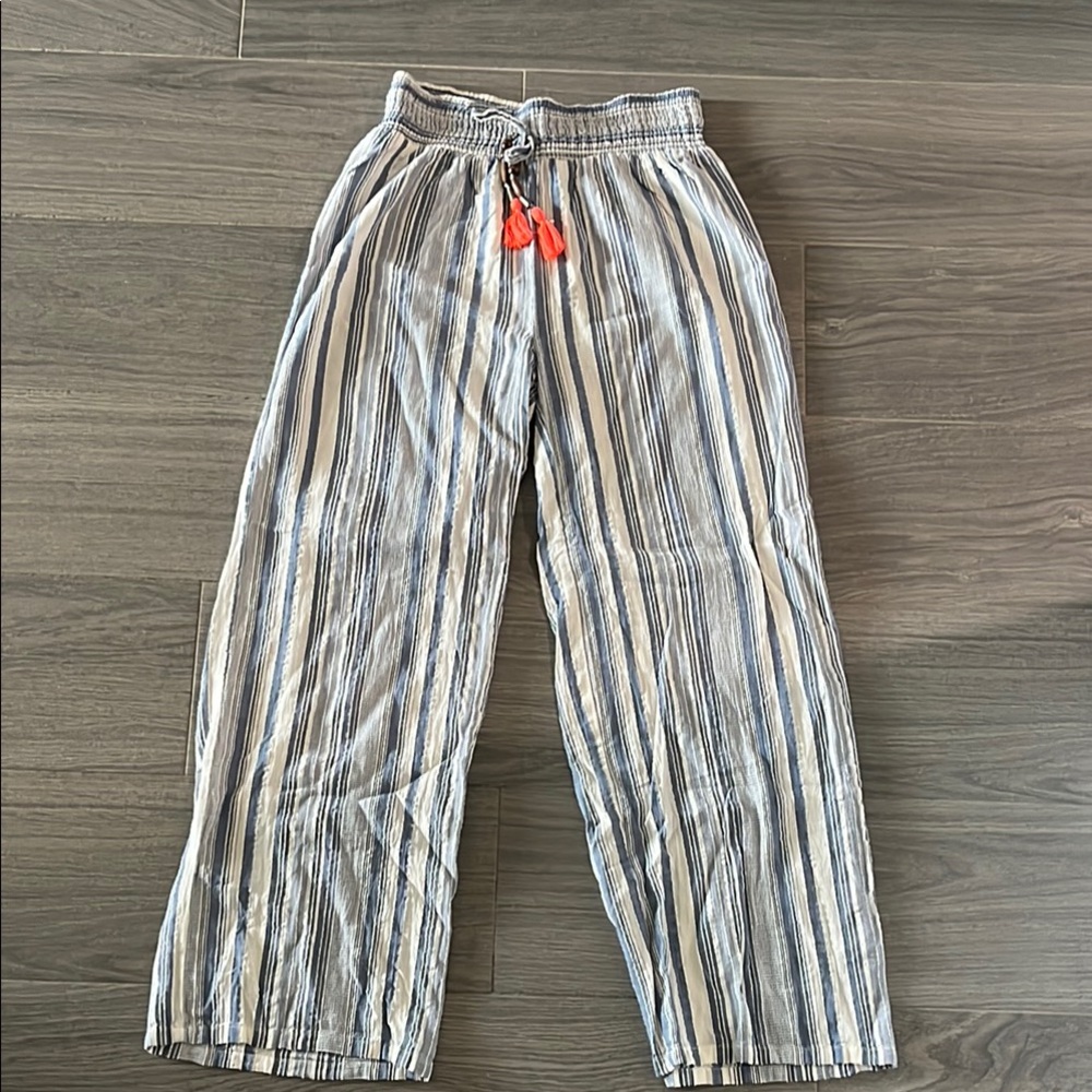 Striped Drawstring Light Weight Pants with Blue and White Stripes